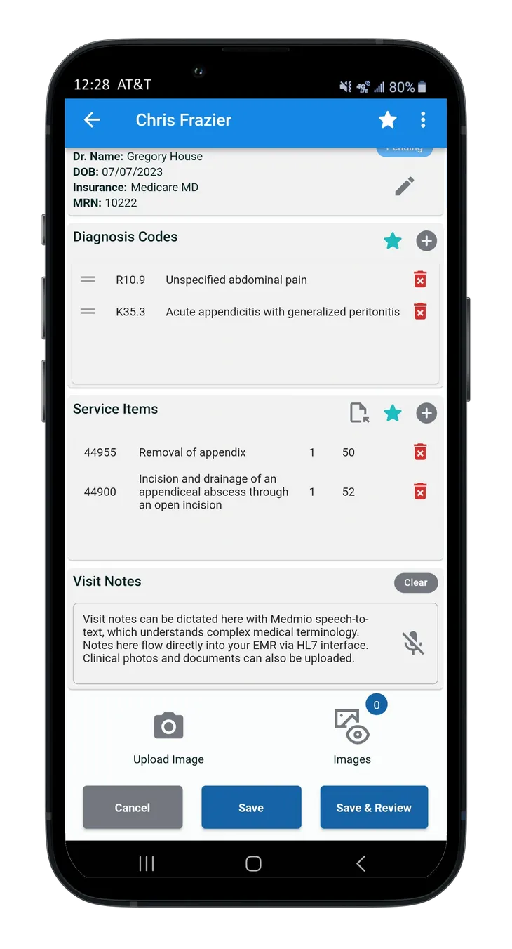 Medmio patient record screen with voice dictation and save & review